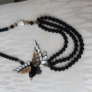 Vintage Bird, Crow, Eagle, Multi Strand, Black Necklace. Mother of Pearl